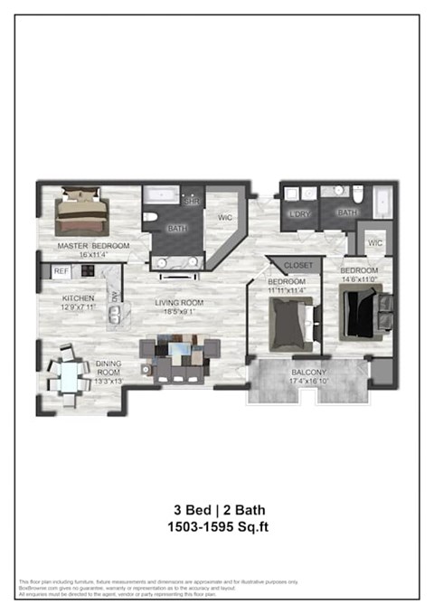 Floor plan for 3 beds, 2 baths, 1595 sqft